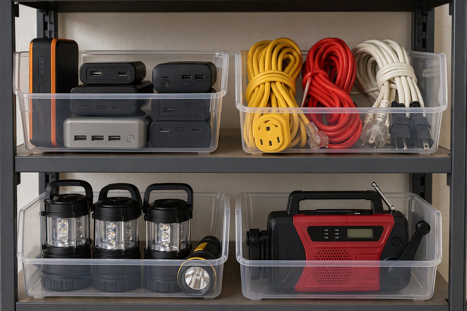 Emergency power supplies, batteries, cables, and lanterns staged and organized in labeled bins