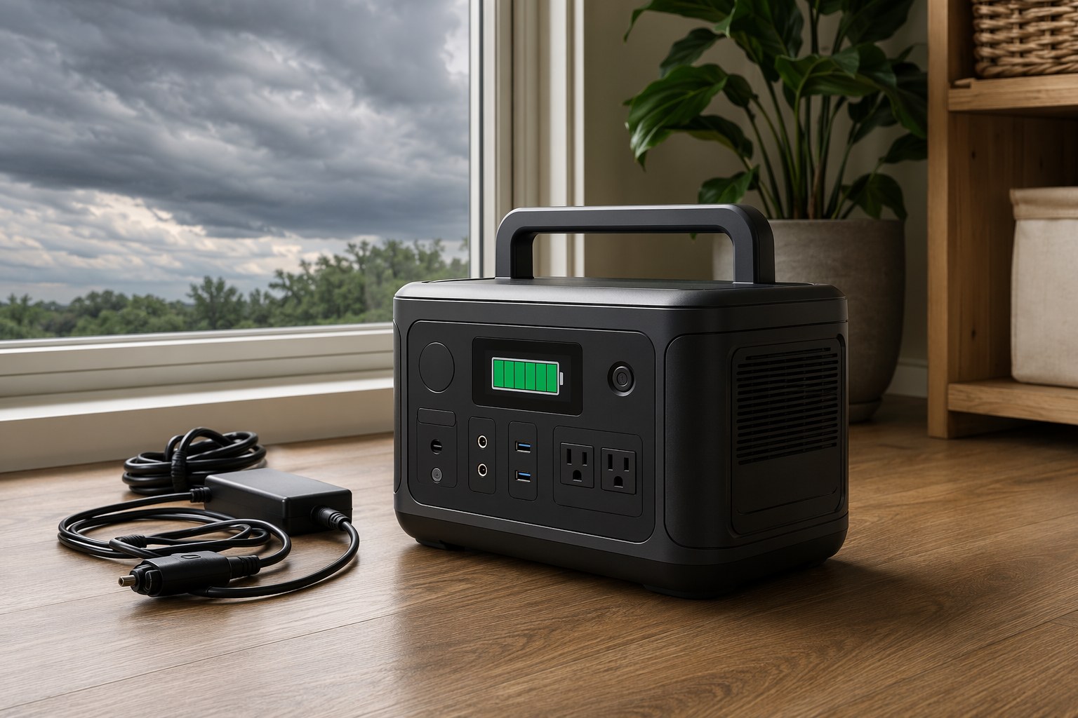 Emergency power station fully charged and staged near a window with charging cables ready before a hurricane