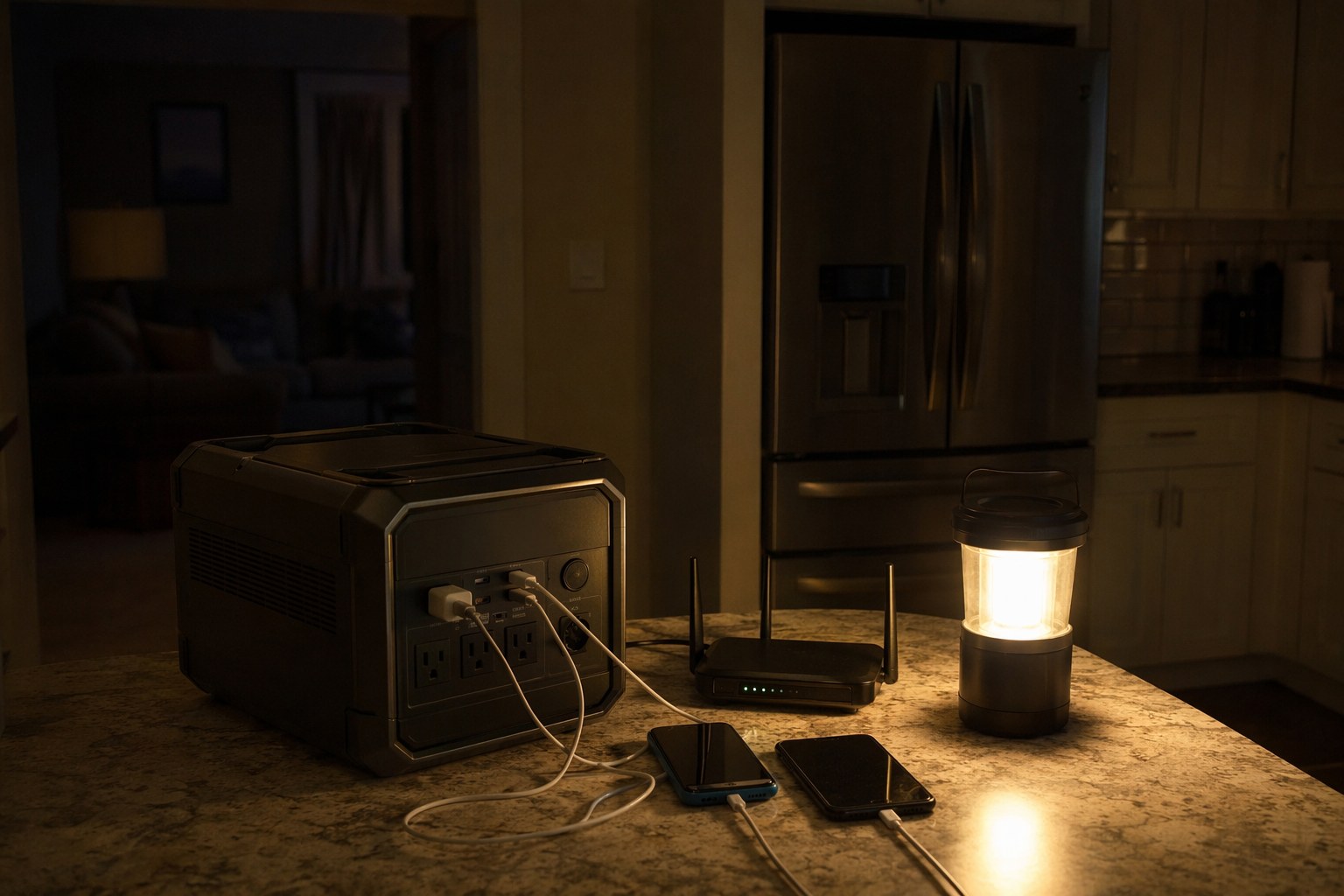 Home backup power layout showing a large LiFePO4 station feeding a fridge, router, lights, and phones during an outage