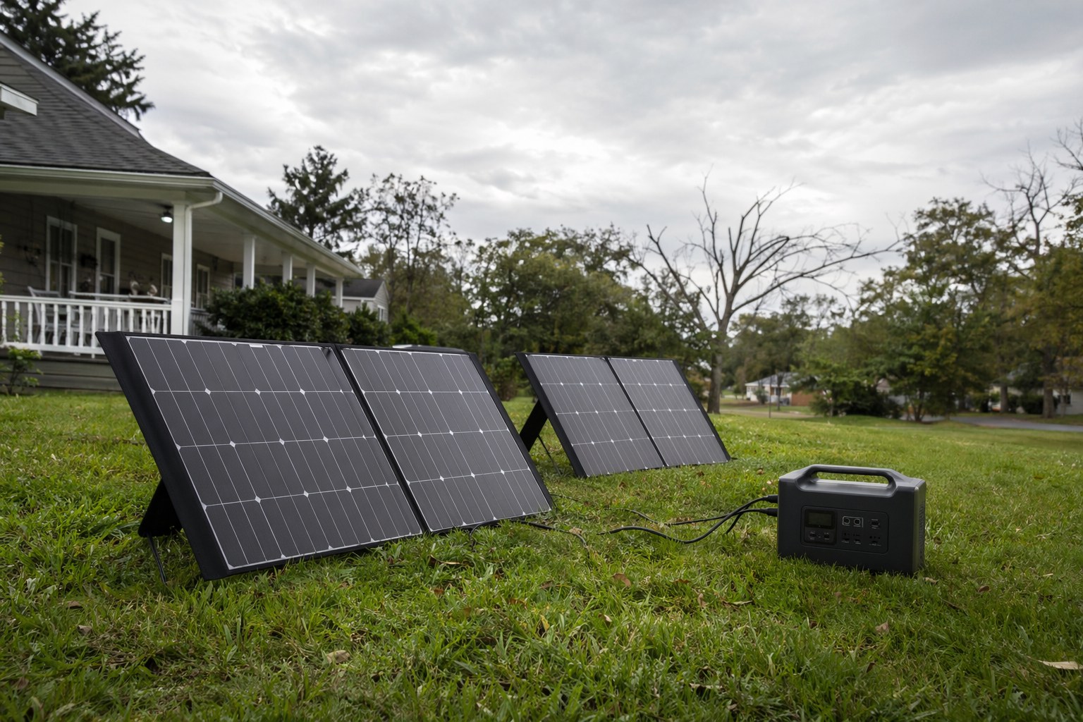 Folding solar panels deployed in a yard recharging a portable power station on an overcast post-storm day
