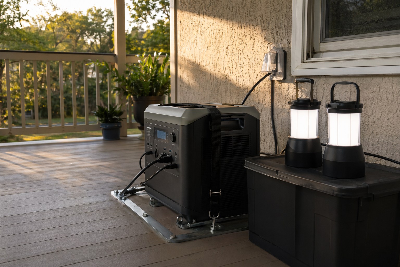 Portable power station secured and staged with cables, lanterns, and a labeled bin ready for a hurricane