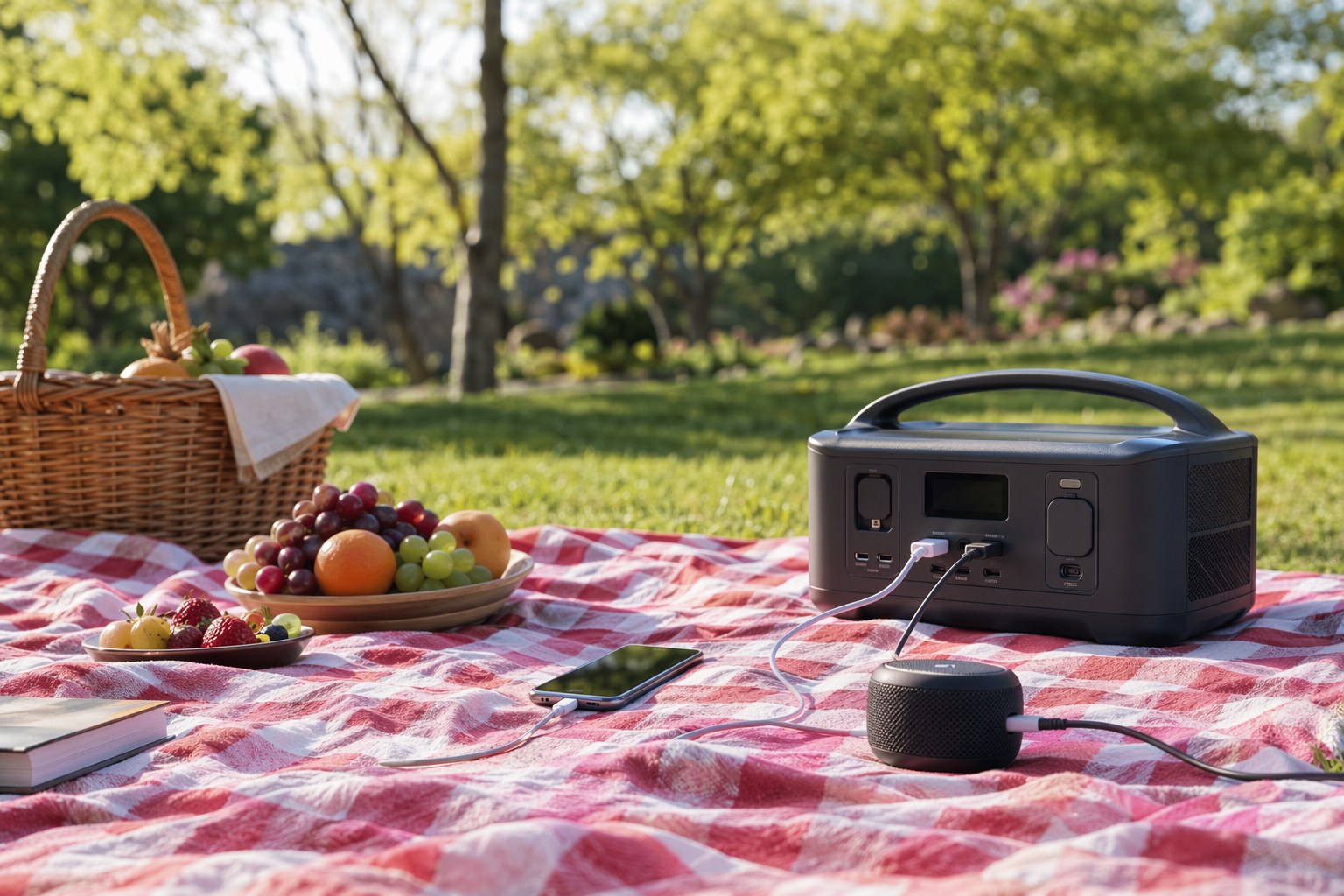 A compact power station beside a picnic blanket in a sunny park with a phone and speaker plugged in