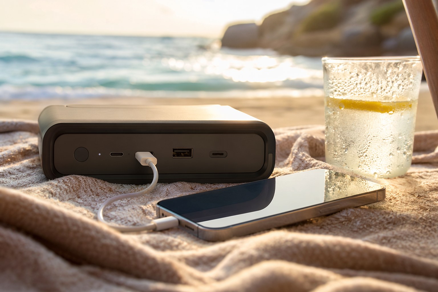 A small power station on a beach towel charging a phone with the ocean in the background