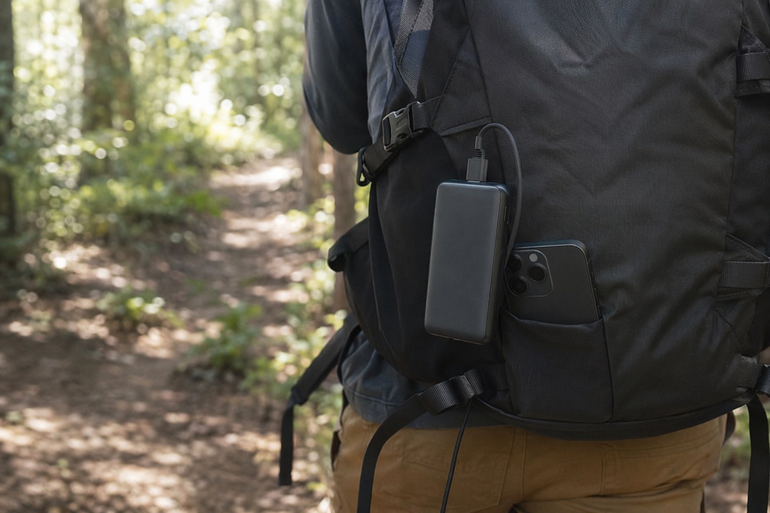 A small pocket power bank clipped to a hiking daypack on a sunny forest trail