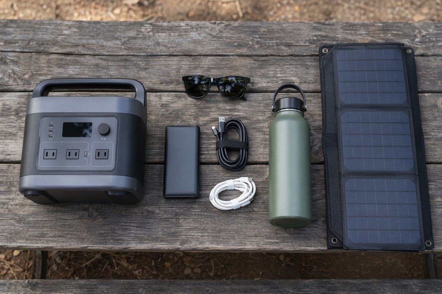 Overhead flat-lay of a day-trip power kit with a power station, power bank, cables, and accessories on a picnic table