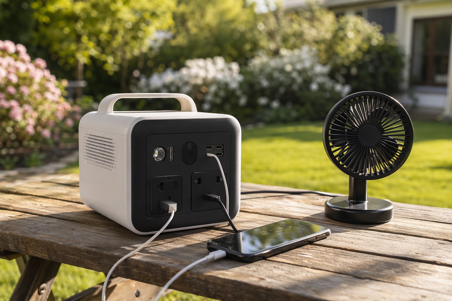 Compact portable power station charging a phone and fan on a sunny backyard table