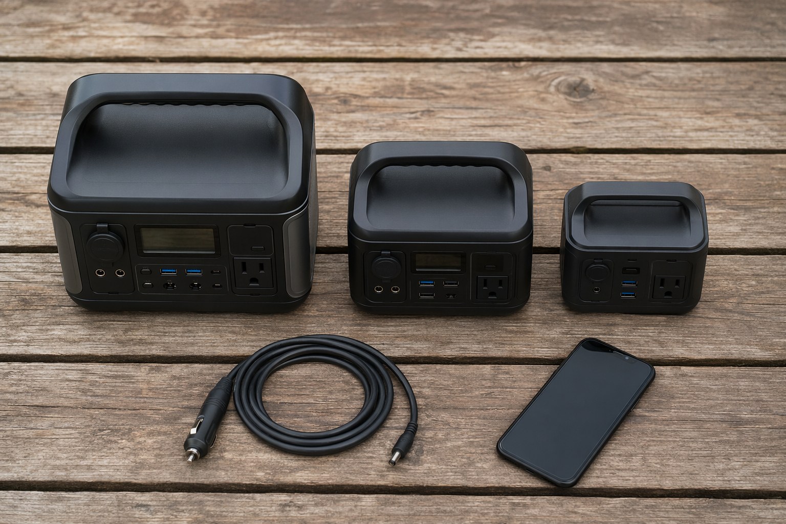 Three small portable power stations lined up for comparison on a wooden surface