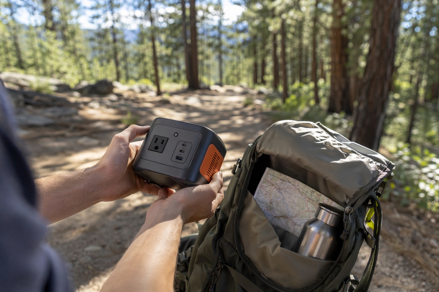 Hands holding a tiny portable power station beside an open daypack on a forest trail