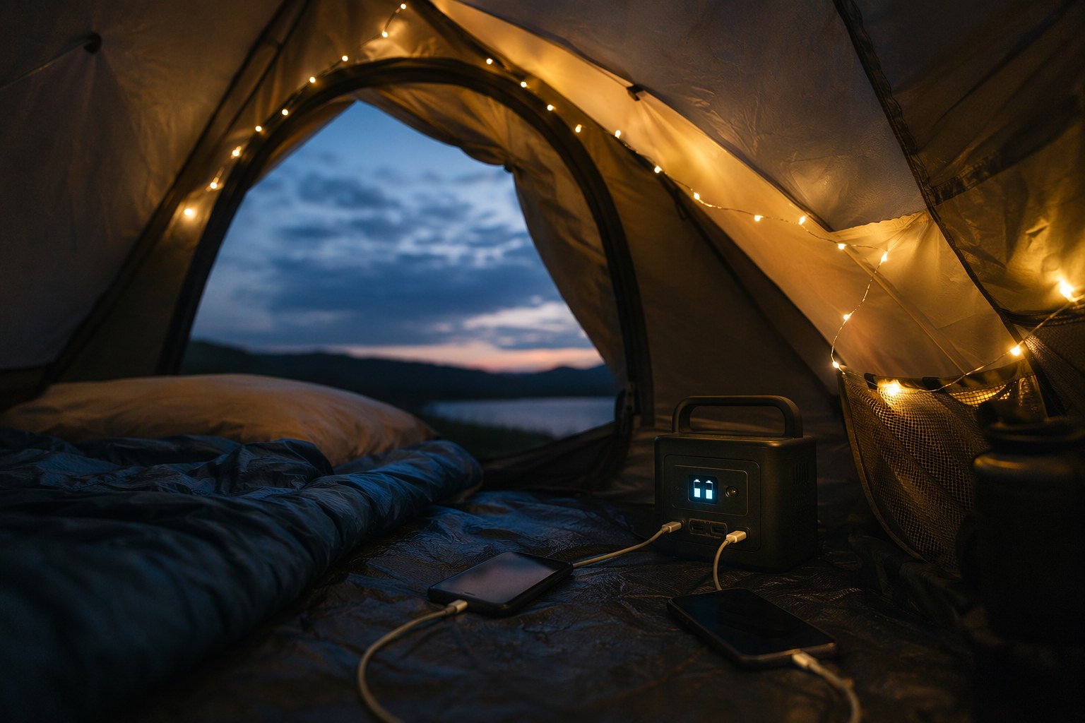 Small power station glowing inside a camping tent at dusk, charging phones and string lights
