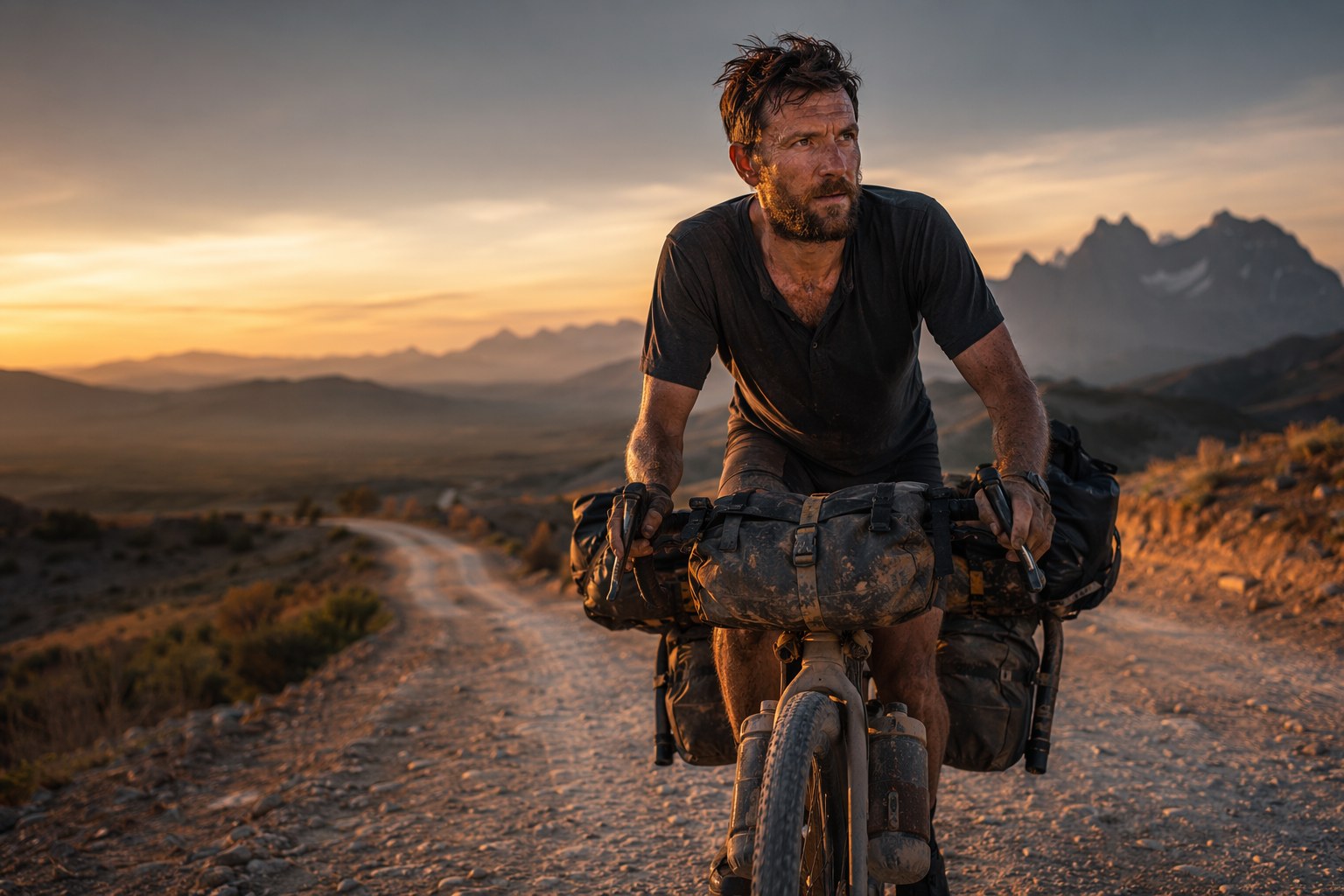 Cyclist on a fully loaded touring bike riding a remote gravel road at golden hour with frame bags and a rear rack