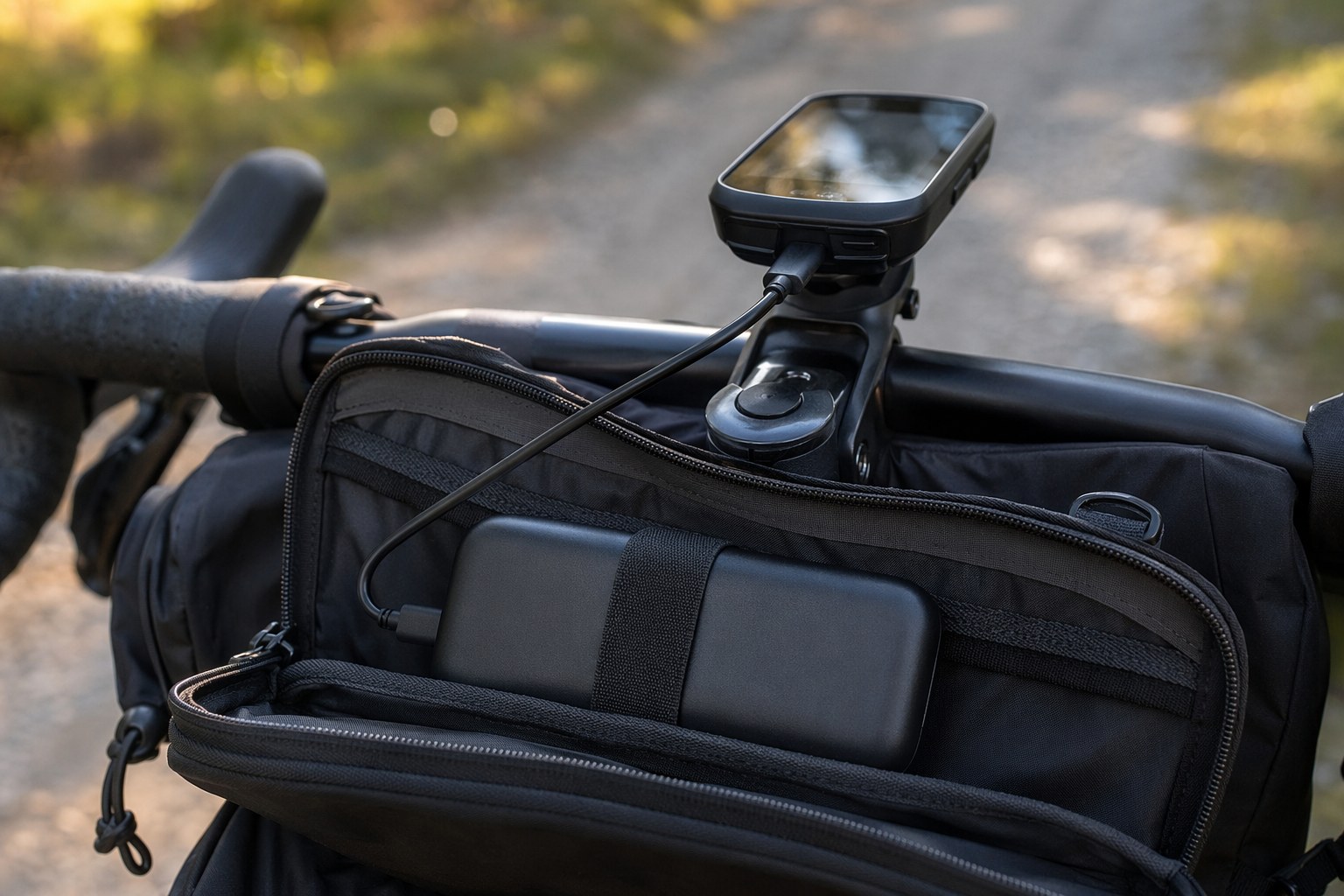 Compact USB-C power bank mounted in a handlebar bag charging a GPS bike computer on a touring bike