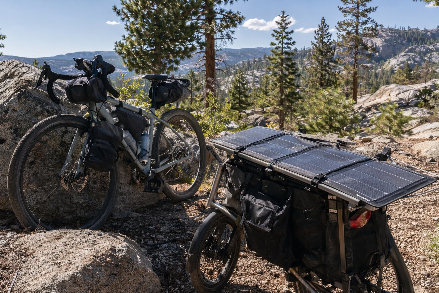 Foldable solar panel strapped to a rear rack on a touring bicycle parked at a remote campsite