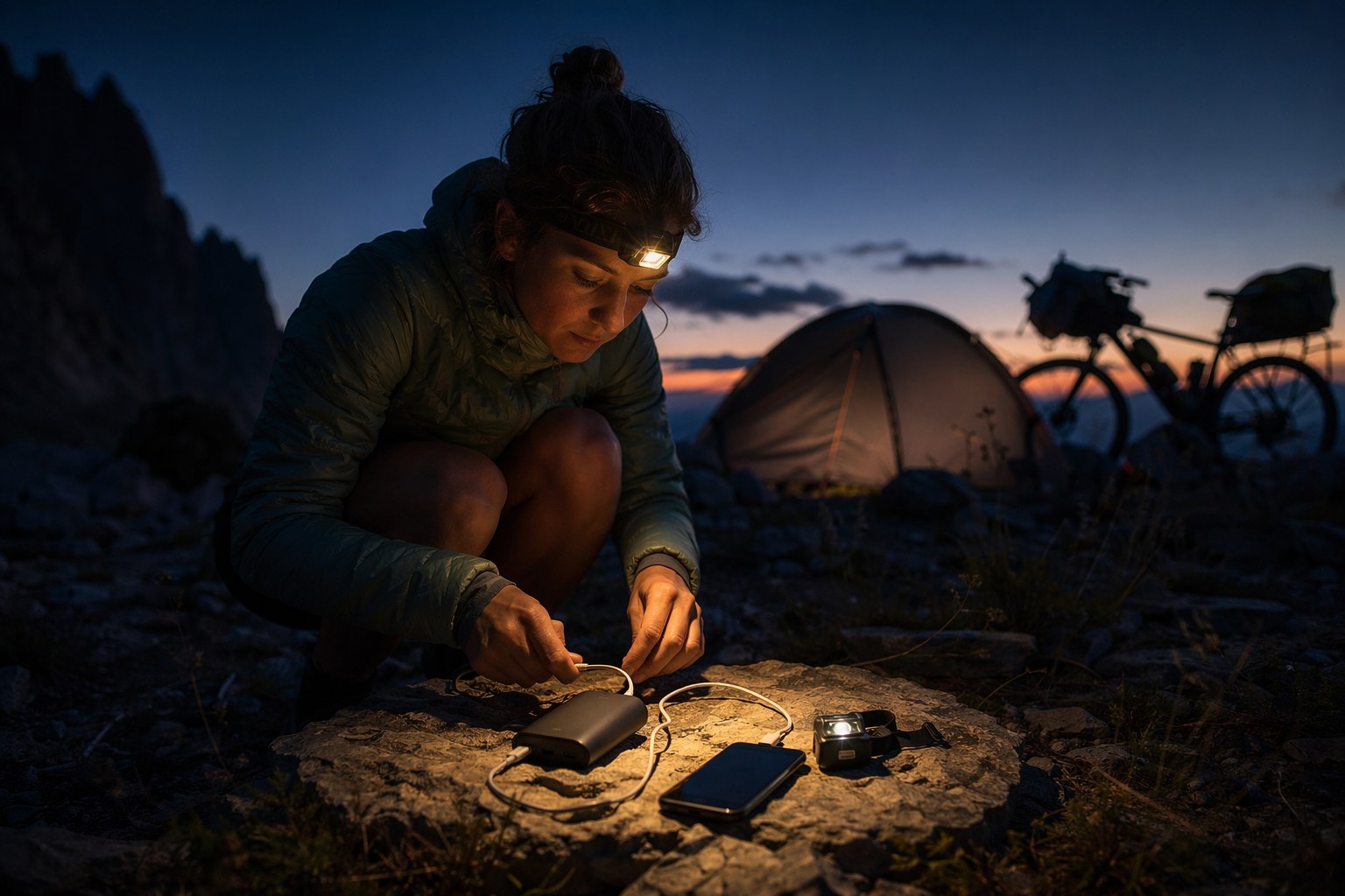 Touring cyclist at a backcountry camp charging a phone and headlamp from a power bank at dusk