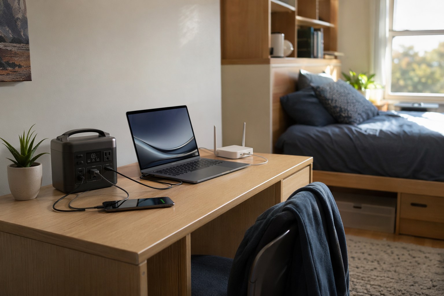 College dorm room with a compact power station and devices charging on the desk