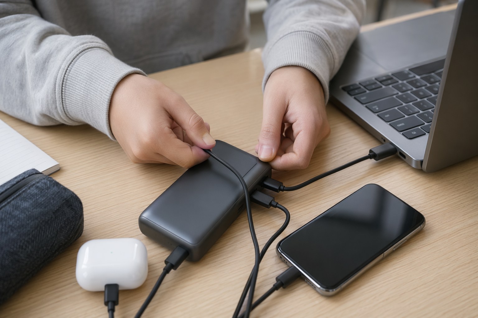 Student charging a laptop, phone, and earbuds at once from a single power bank
