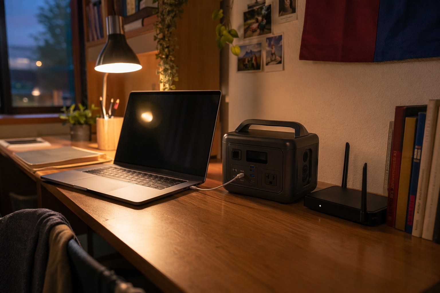 Compact power station sitting on a college dorm desk next to a laptop and WiFi router