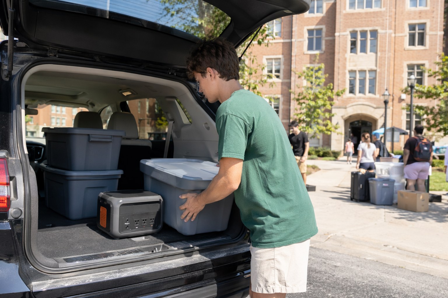 Student loading a car with bins and a portable power station on college move-in day