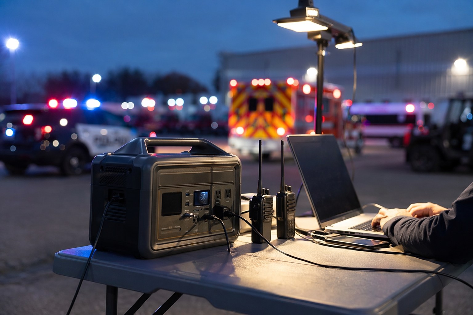 Mobile emergency command post at dusk with a portable power station running radios and a laptop