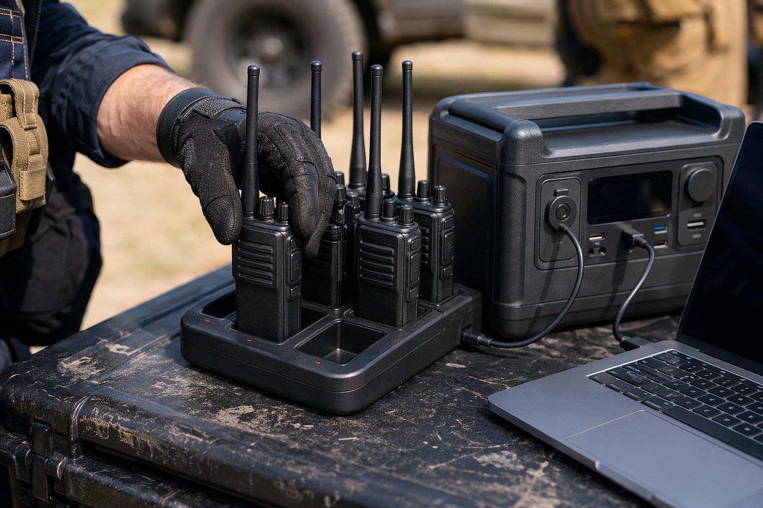 Close-up of two-way radios and a laptop plugged into a battery power station on a field table