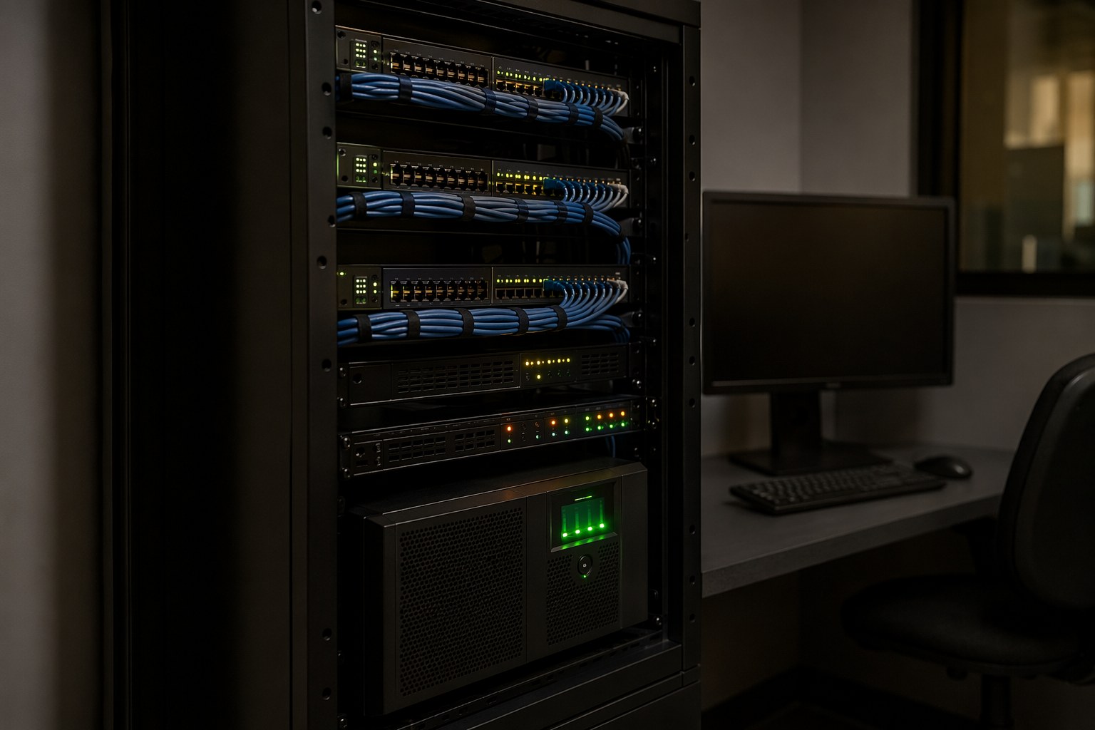 Rack of network and dispatch equipment protected by an uninterruptible power supply with status lights glowing