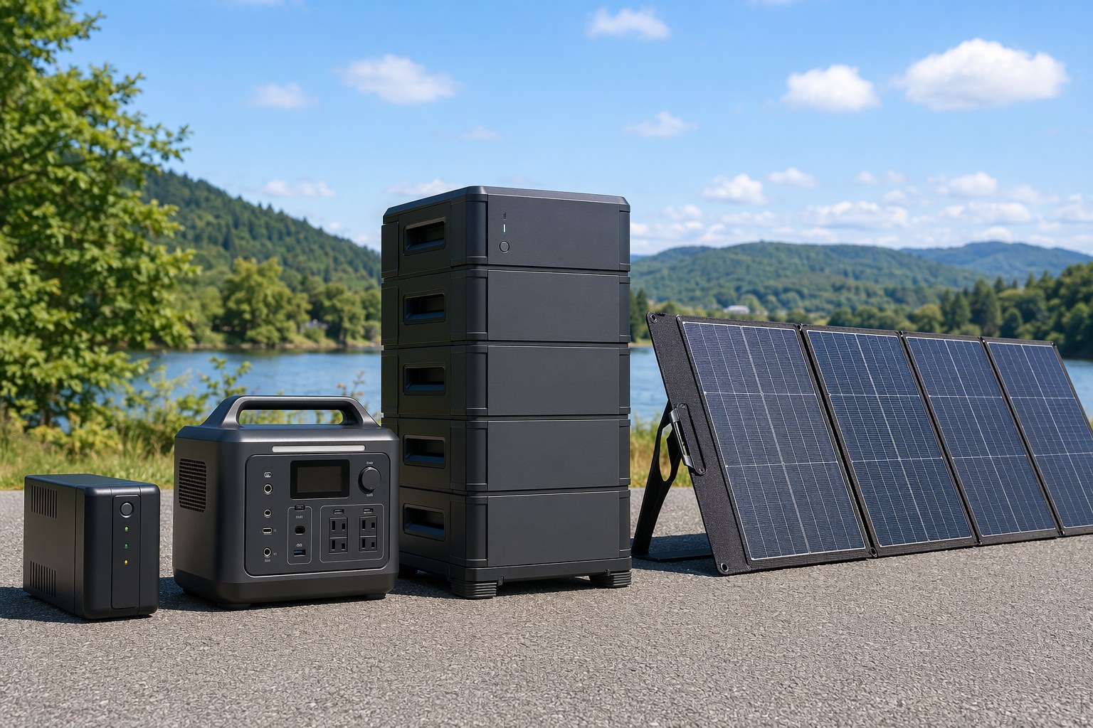 A layered backup power setup with a UPS, mid-size power station, large expandable battery, and solar panels staged together outdoors