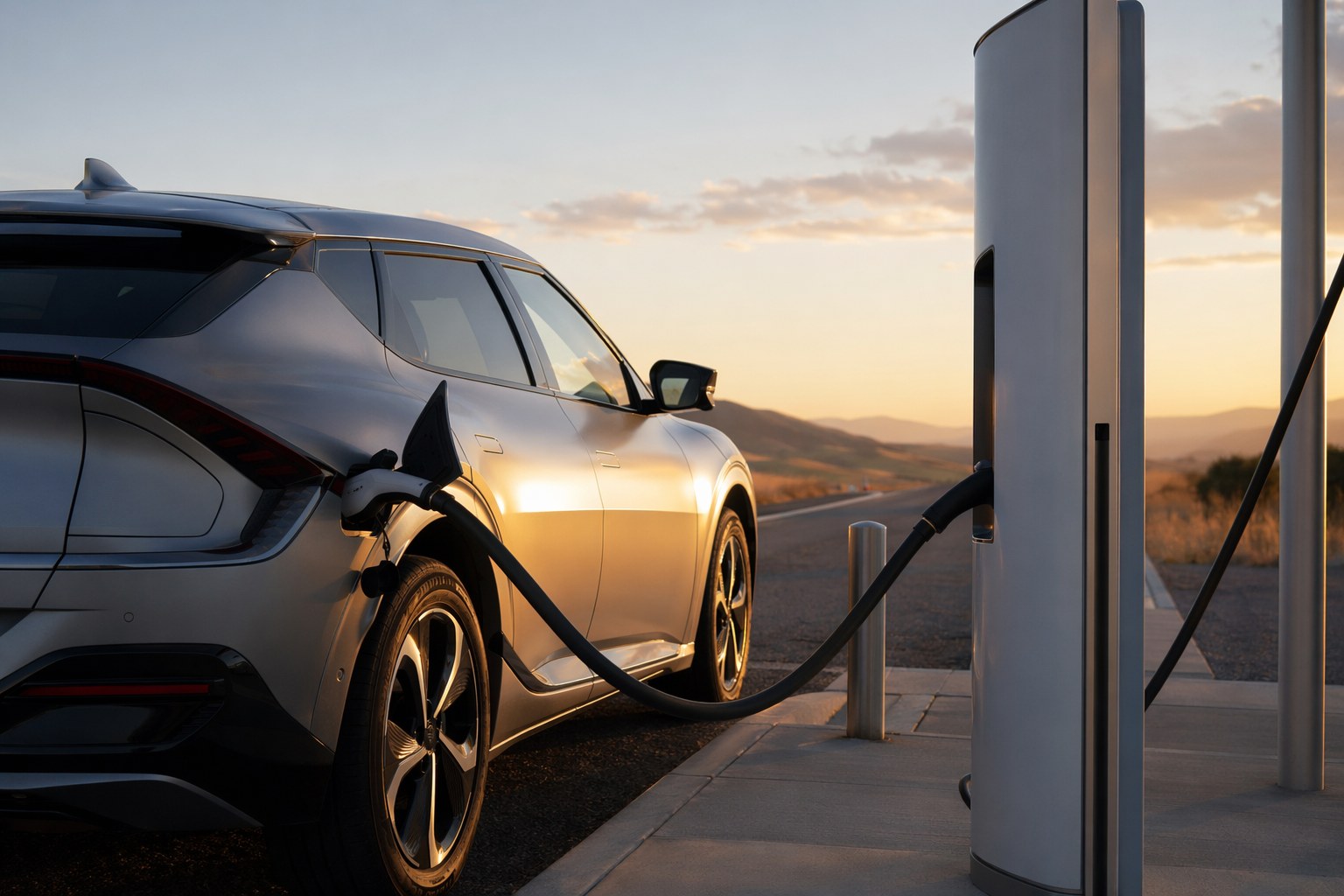 Electric vehicle plugged into a DC fast charging station at a highway rest stop during a road trip