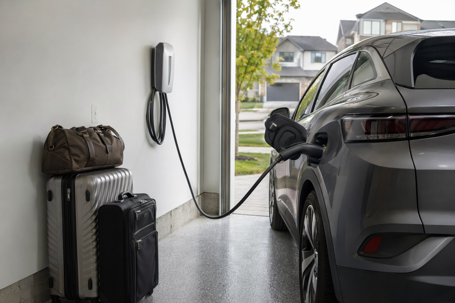 A Level 2 home EV charger mounted on a garage wall with a vehicle plugged in before a trip