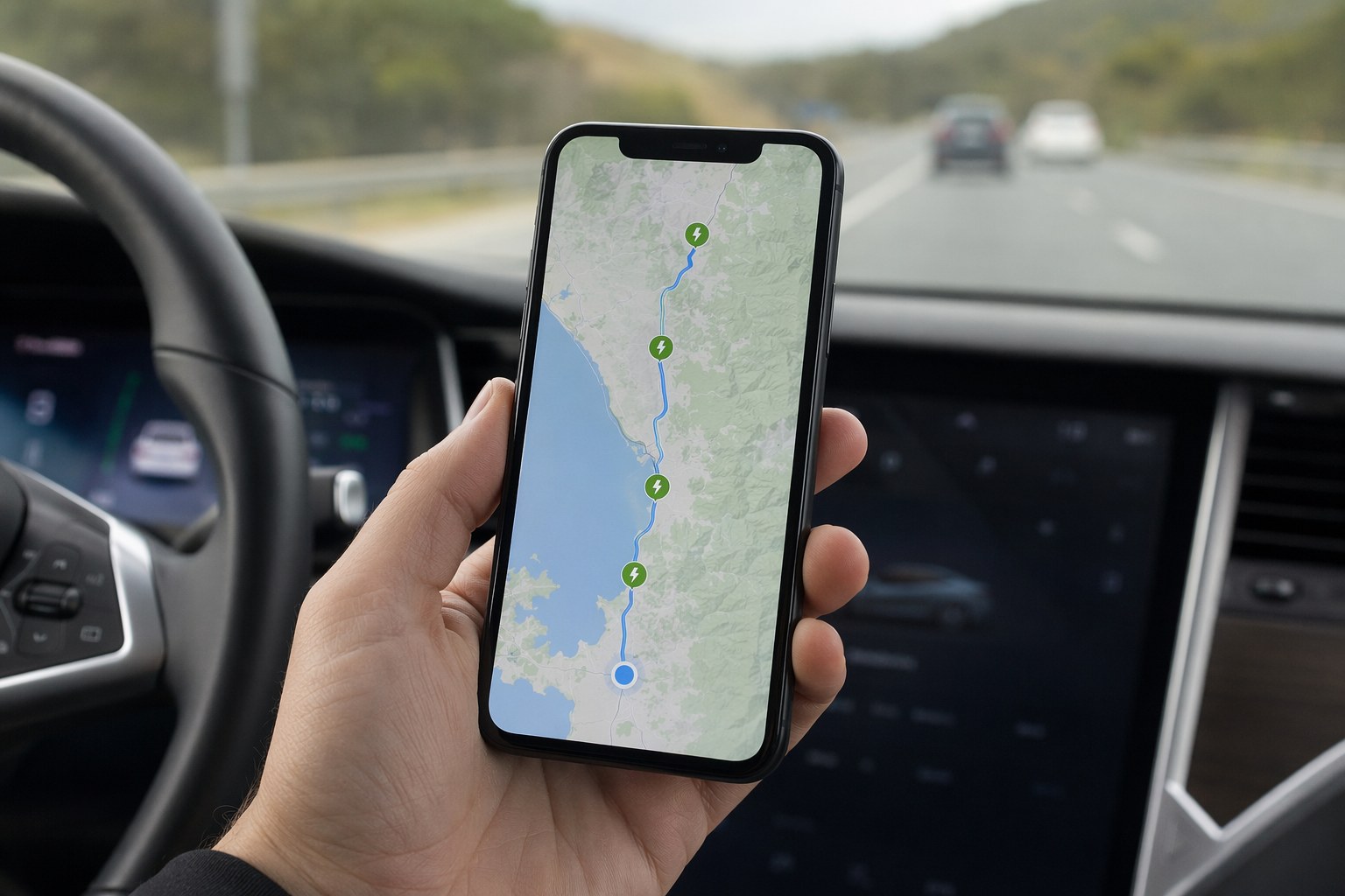 A smartphone displaying an EV charging network route-planning app with charging stops mapped along a highway