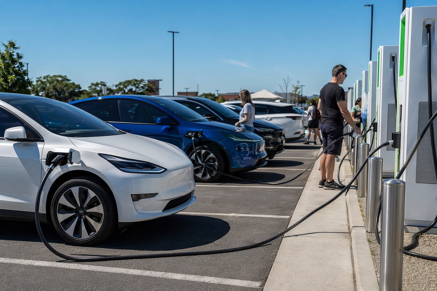 Several electric vehicles charging side by side at a busy public DC fast charging station