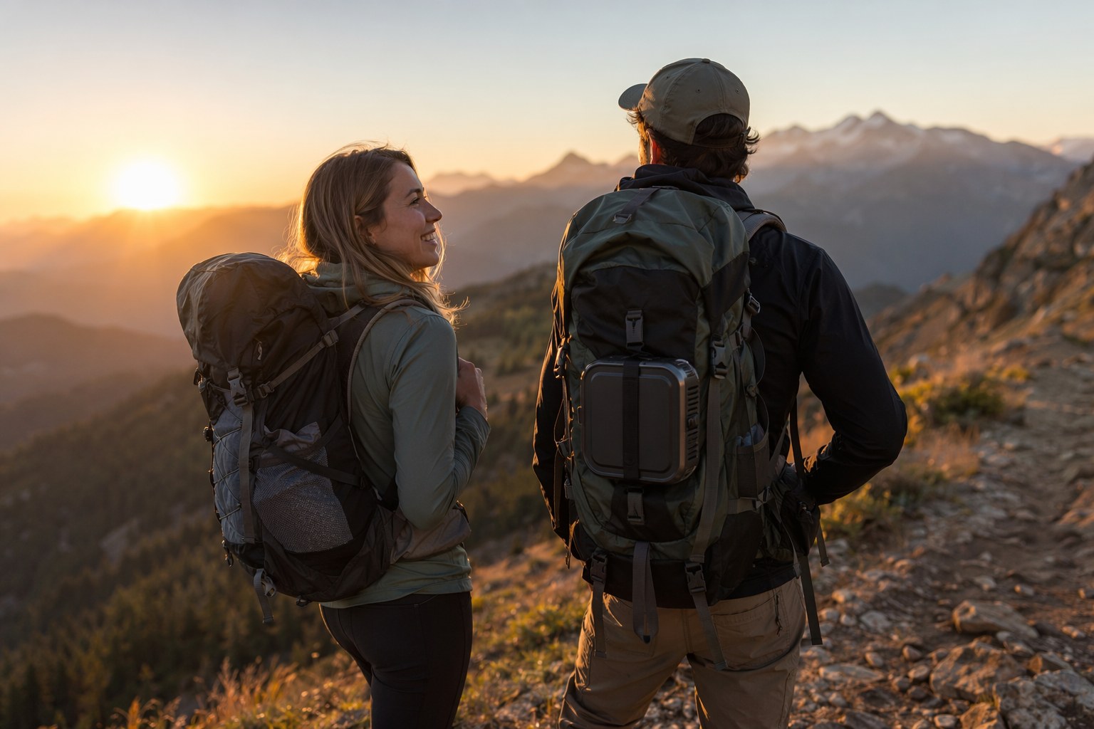 Two young travelers with loaded backpacks and a portable power station strapped to the outside, standing on a trail at sunrise