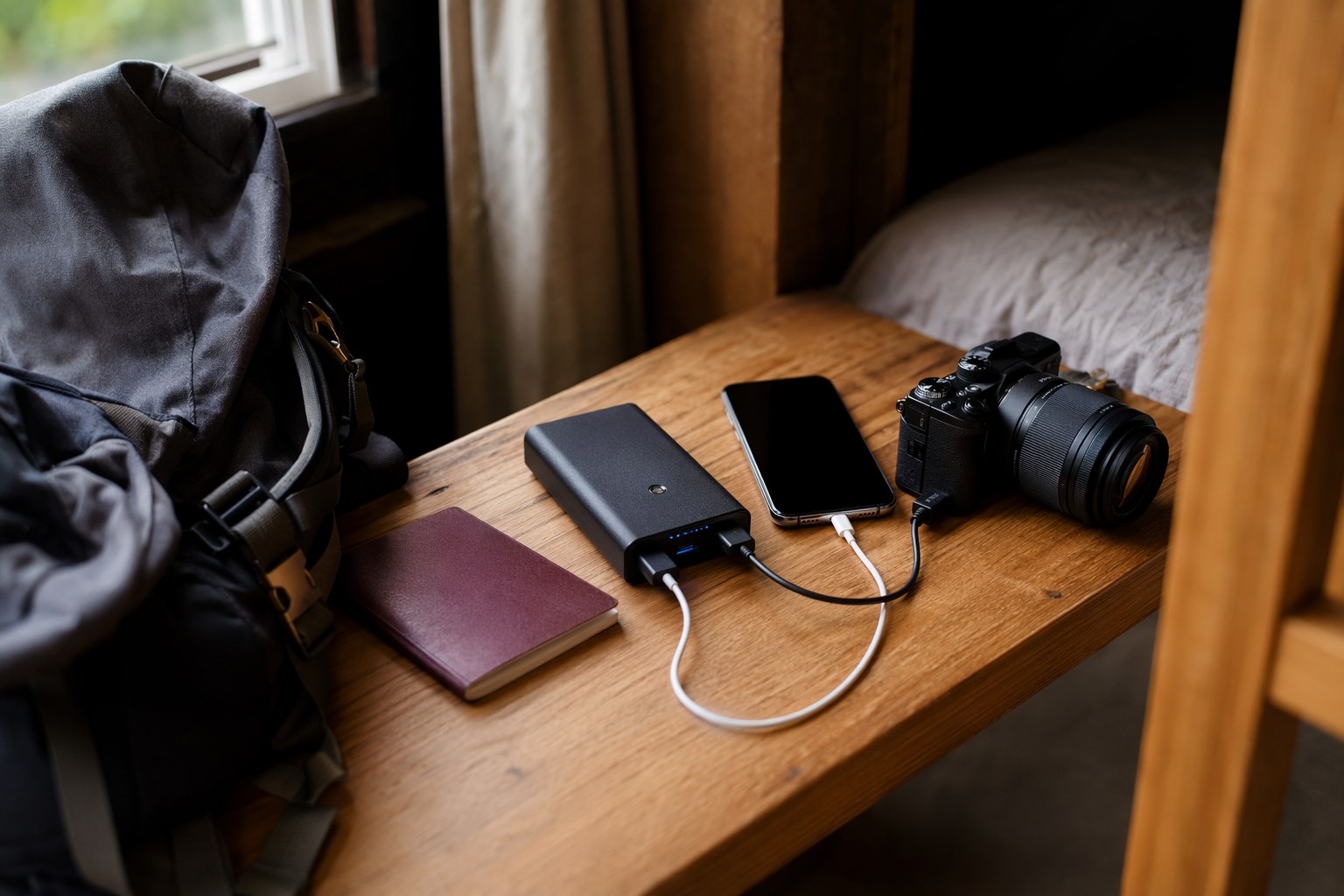 A power bank charging a phone and a mirrorless camera on a hostel bunk, daypack and passport beside it