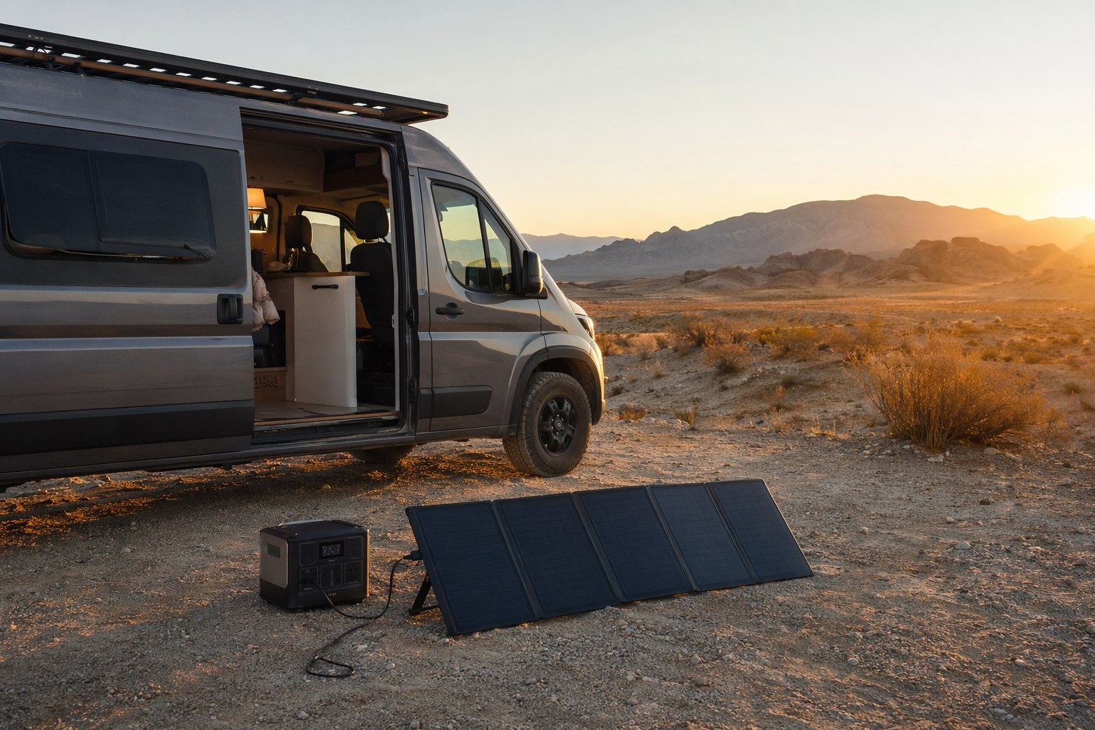 A camper van's side door open at a remote desert pullout, a power station and solar panel set up on the ground