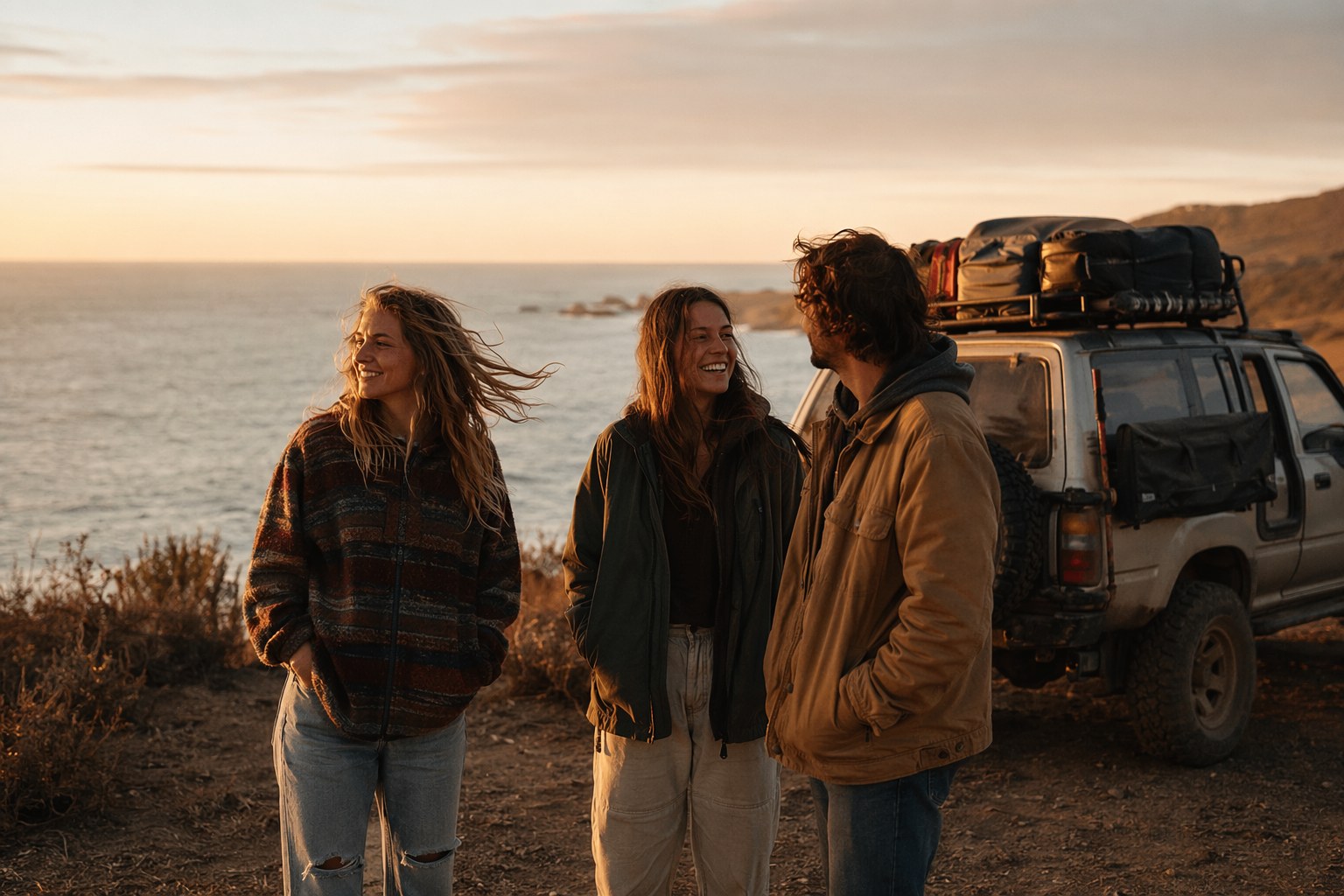 Three friends on a coastal overlook at golden hour with a packed adventure vehicle behind them