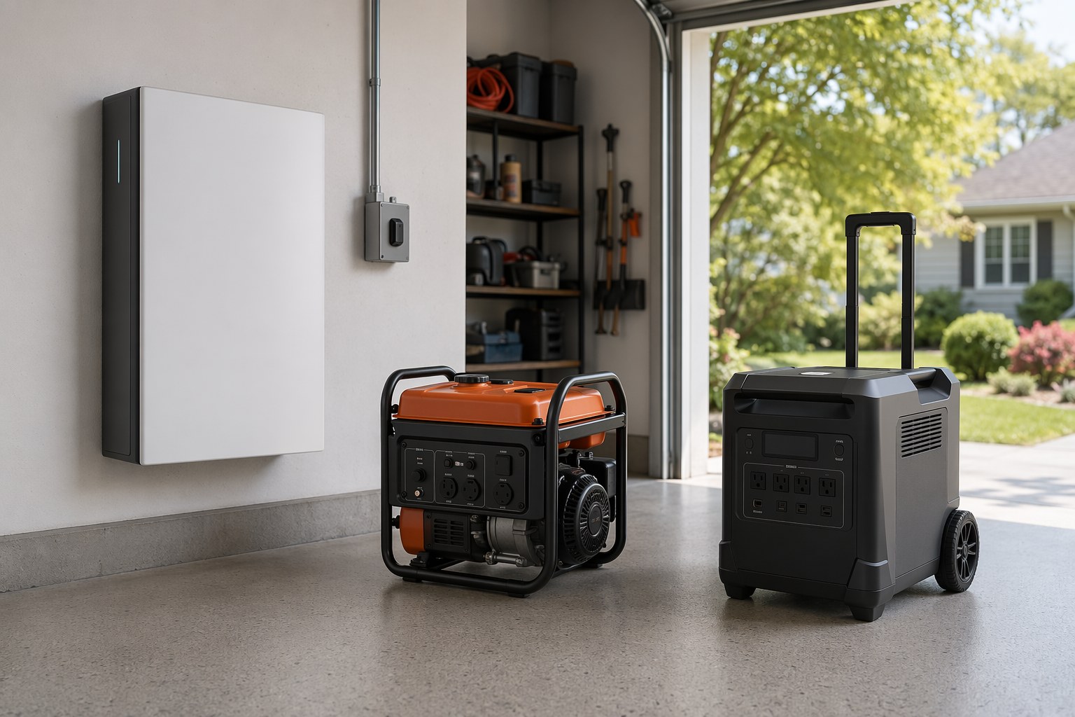 Three home backup power options compared side by side in a garage