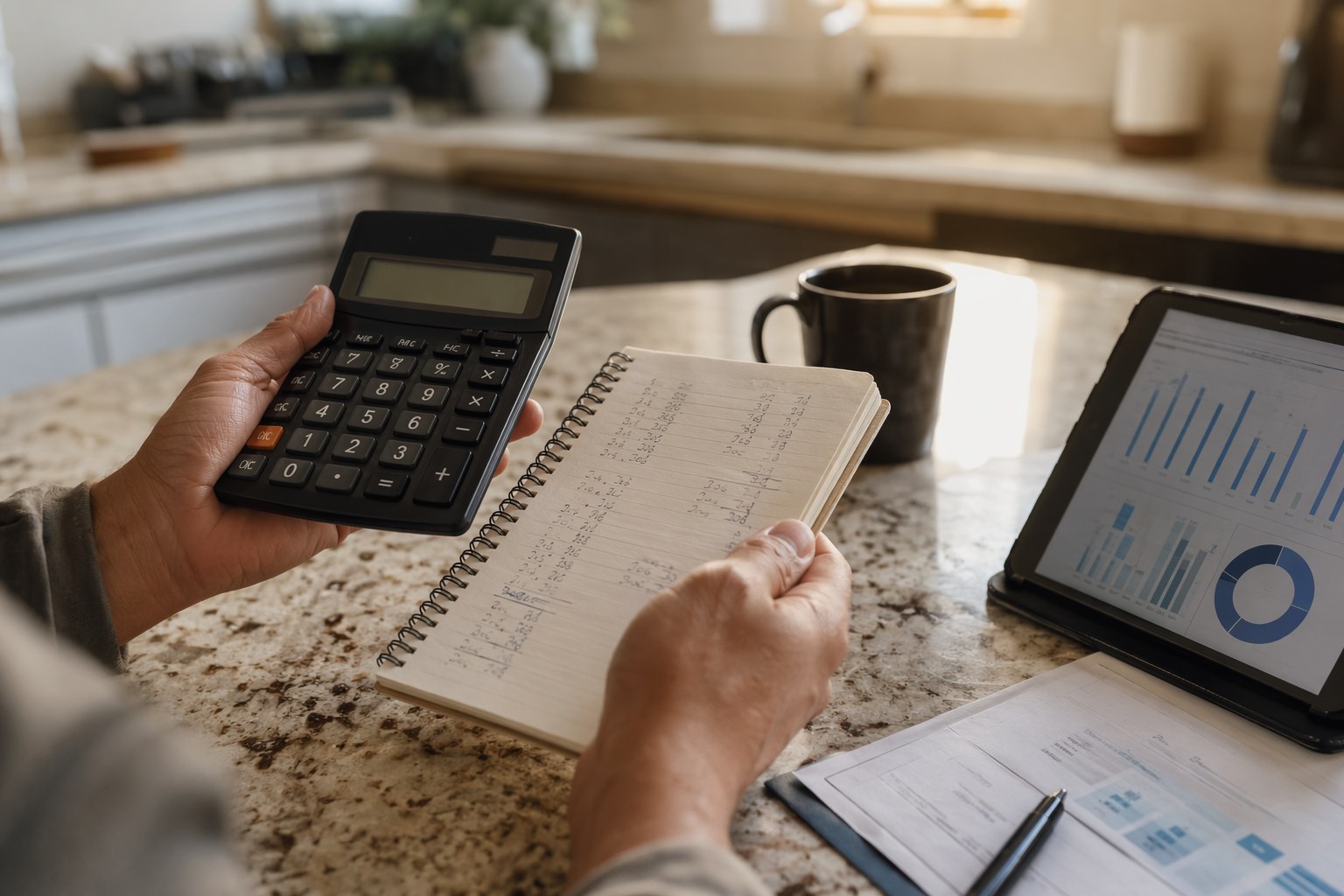Homeowner running total cost of ownership numbers on a calculator and notebook