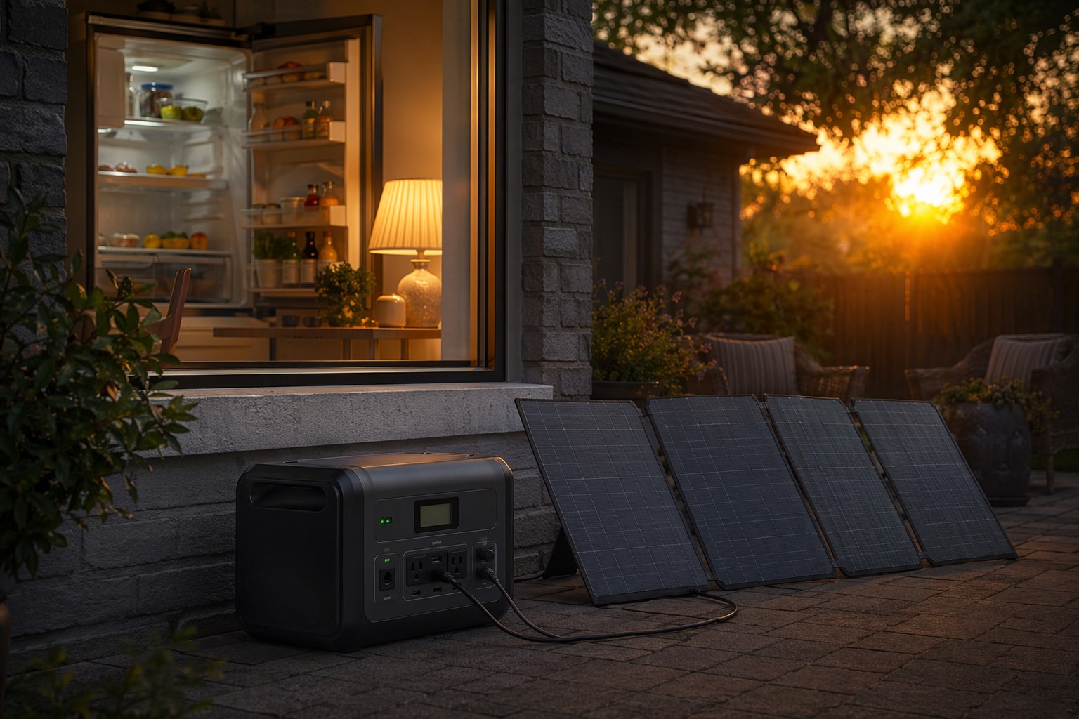 Portable power station and solar panels powering a home during a summer outage