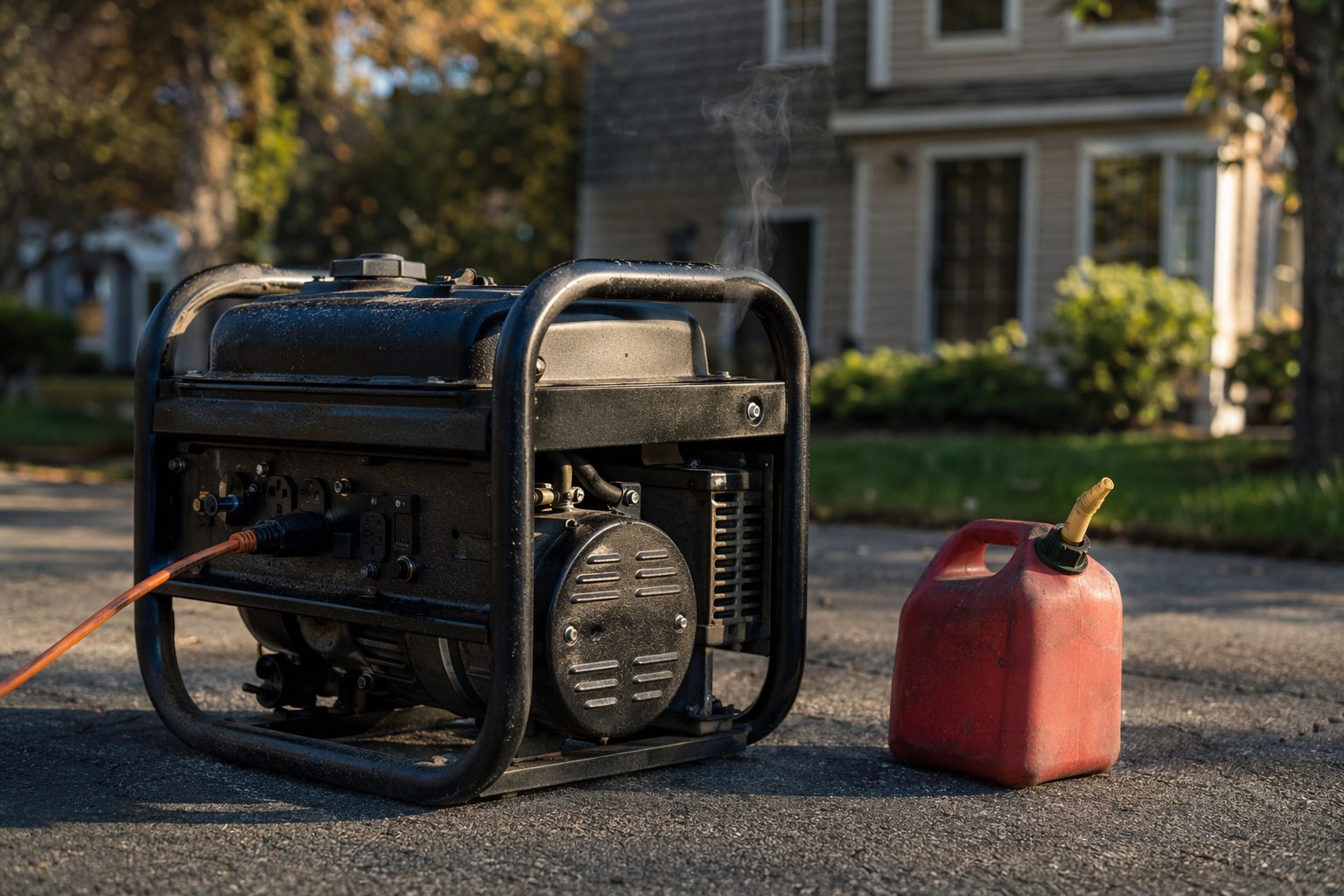Inverter generator running on a driveway with a fuel can during a power outage