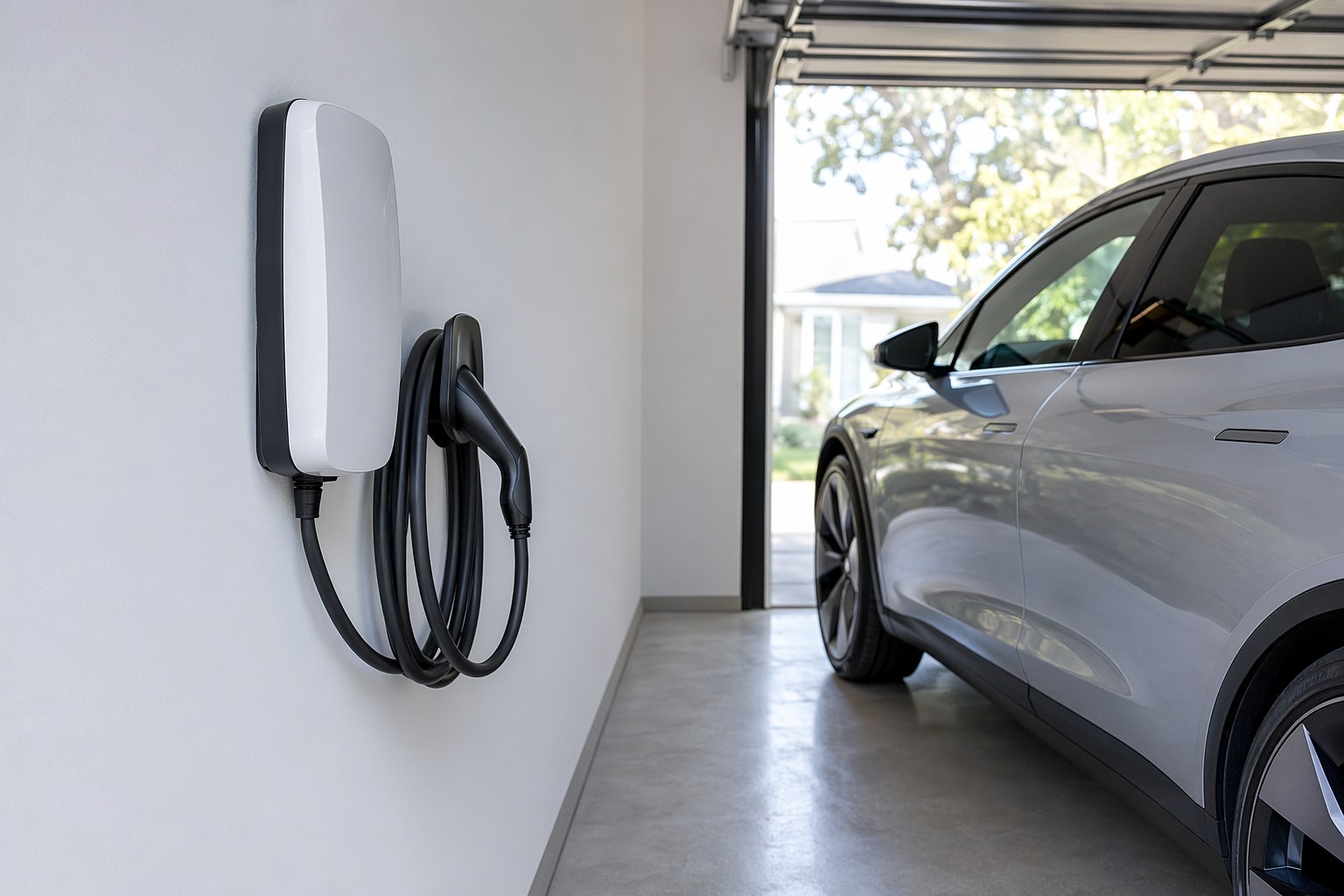 Home EV charger mounted on a garage wall next to a parked electric car