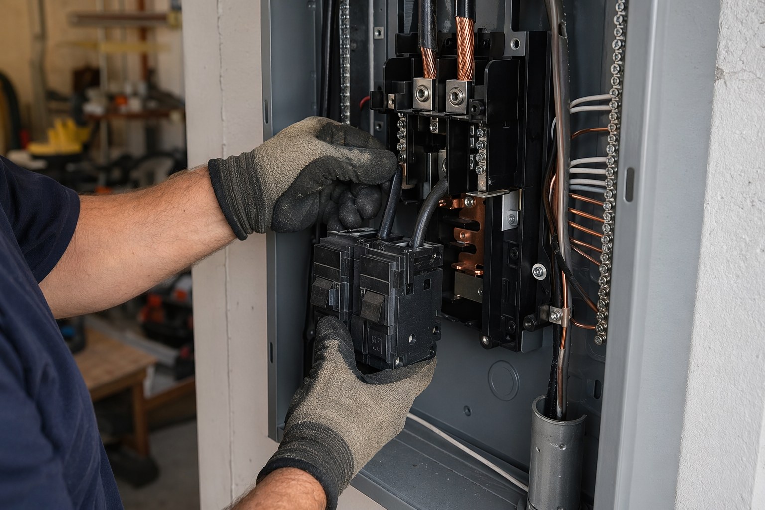 Electrician wiring a Level 2 EV charger circuit at a residential electrical panel