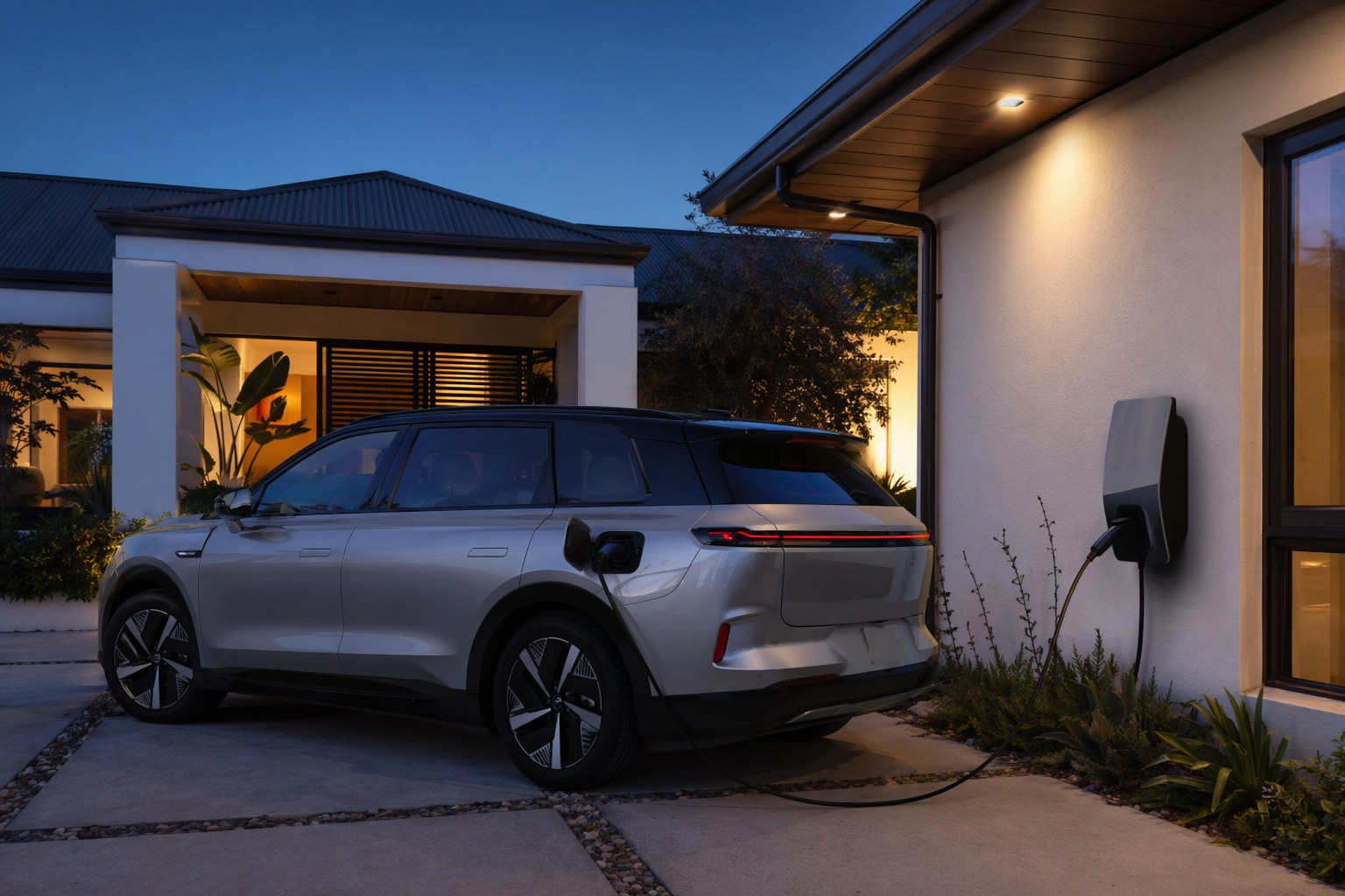 Electric vehicle parked in a home driveway plugged into a wall-mounted Level 2 charger
