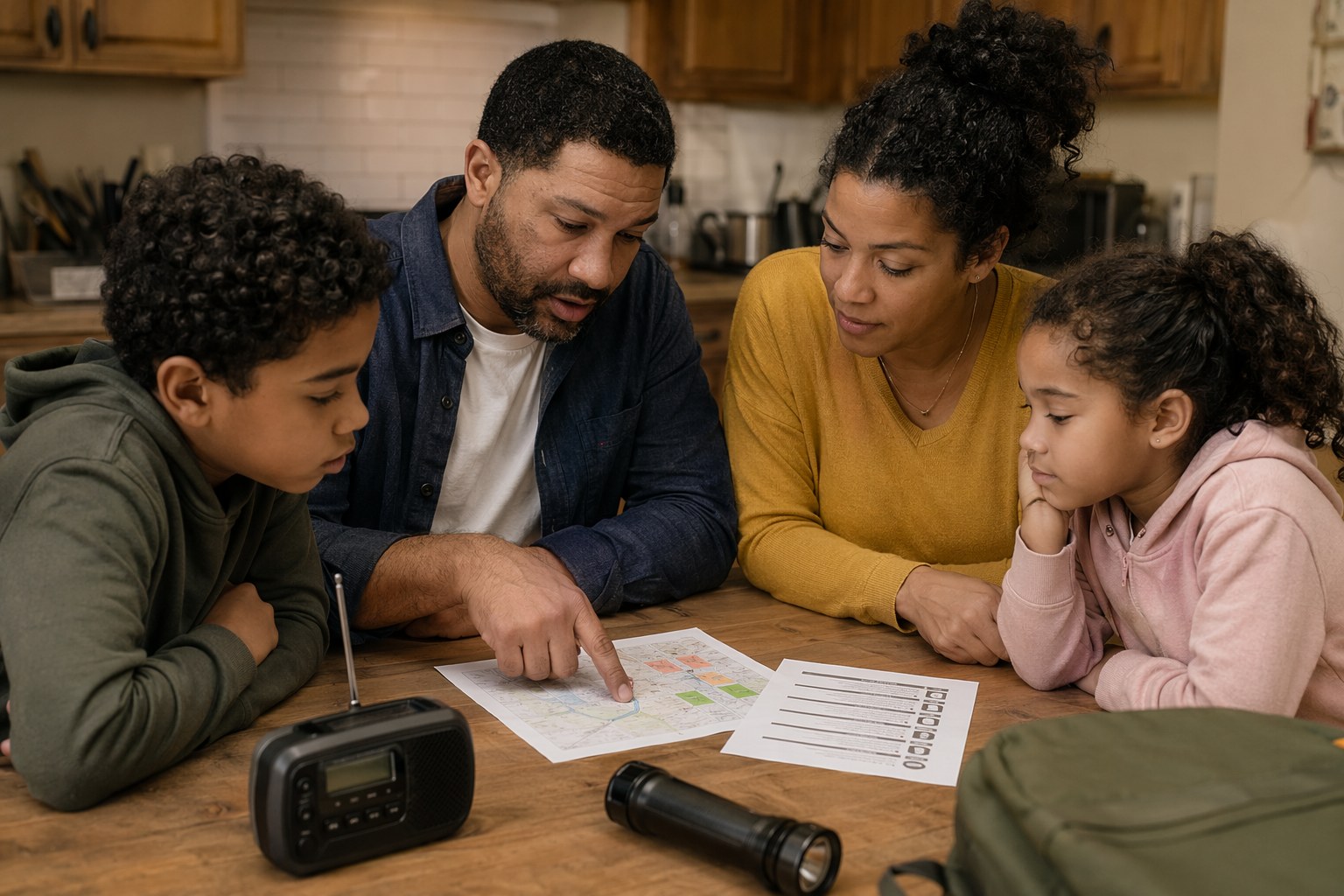 Family reviewing their hurricane emergency plan together at the kitchen table