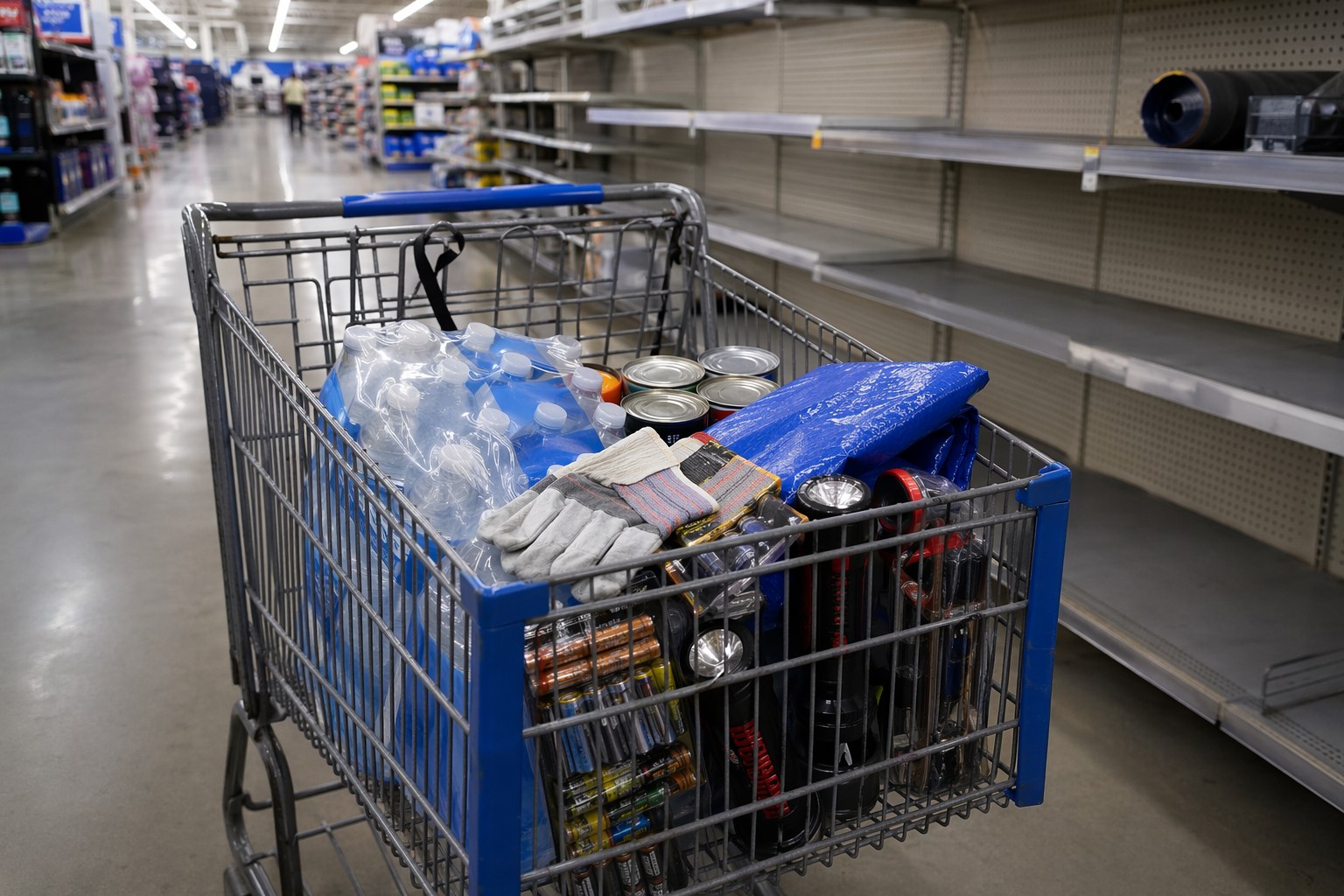 Last-minute supply shopping cart with water, batteries, and emergency gear before the season starts