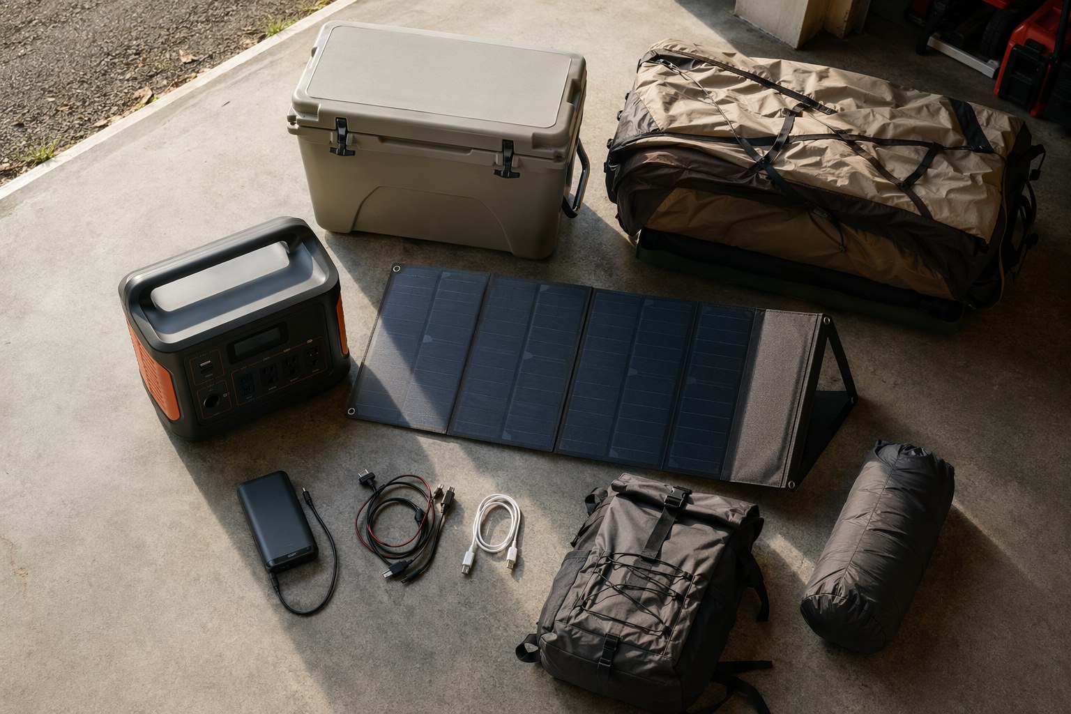 Summer camping and outdoor gear laid out on a garage floor with a portable power station, folding solar panel, and power bank ready to pack