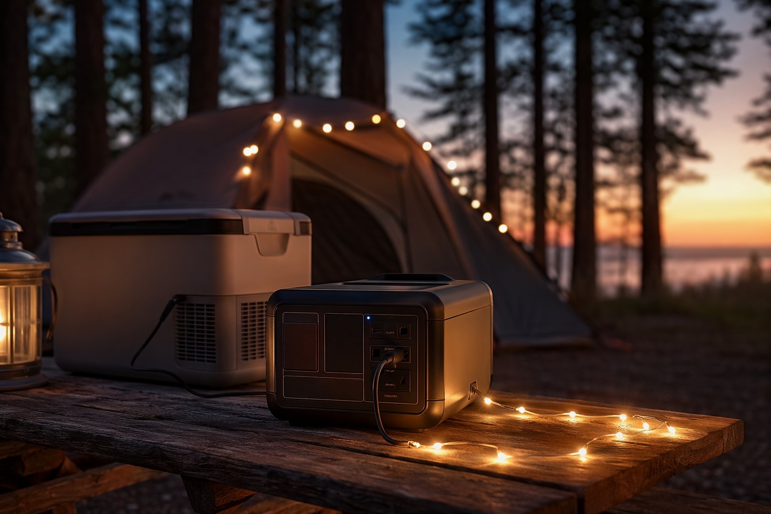 A portable power station on a campsite table running LED string lights and a small cooler at dusk