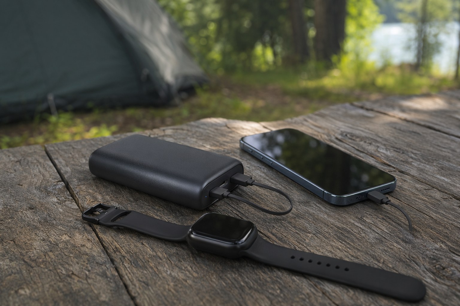 A compact high-capacity power bank charging a phone and a smartwatch on a wooden picnic table outdoors