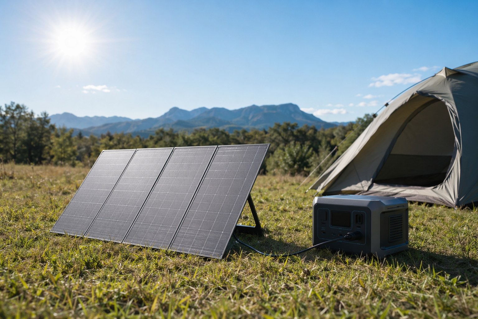 A folding solar panel angled toward the sun on a grassy campsite, charging a power station beside a tent