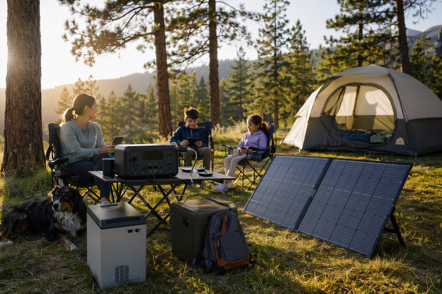 Family campsite on a sunny May morning with a portable power station, solar panels deployed, and devices charging on a camp table
