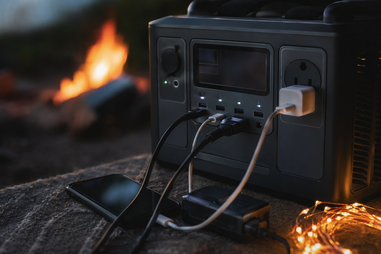 Portable power station glowing at dusk with multiple cables charging devices at a campsite