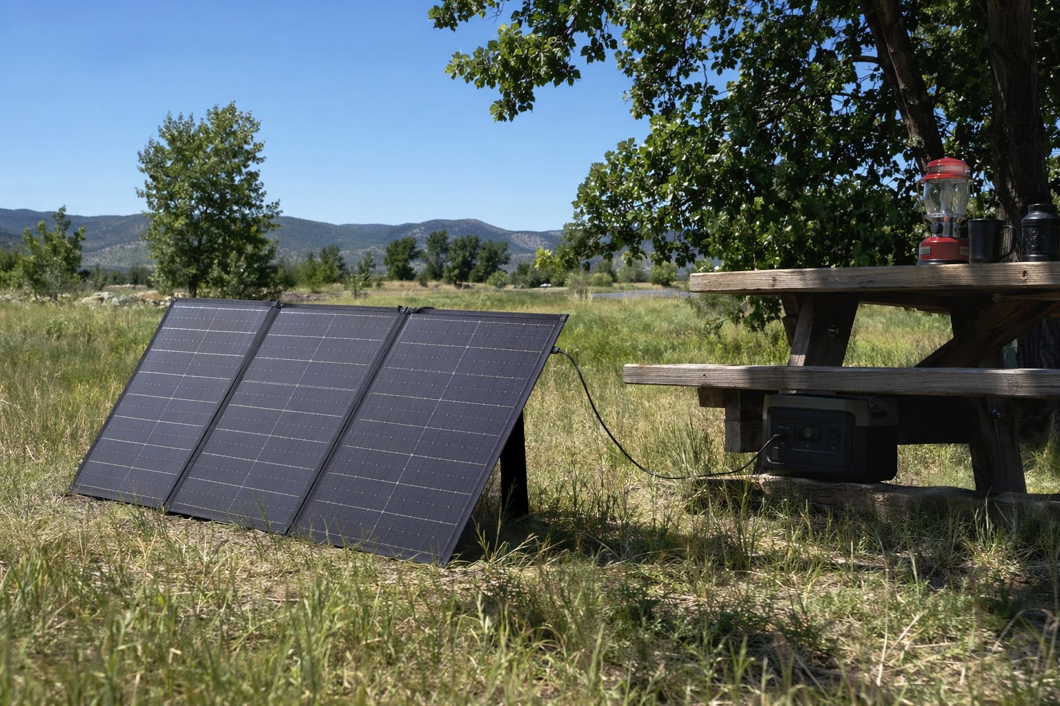 Two foldable solar panels staked into the ground at a campsite, angled toward a clear blue sky