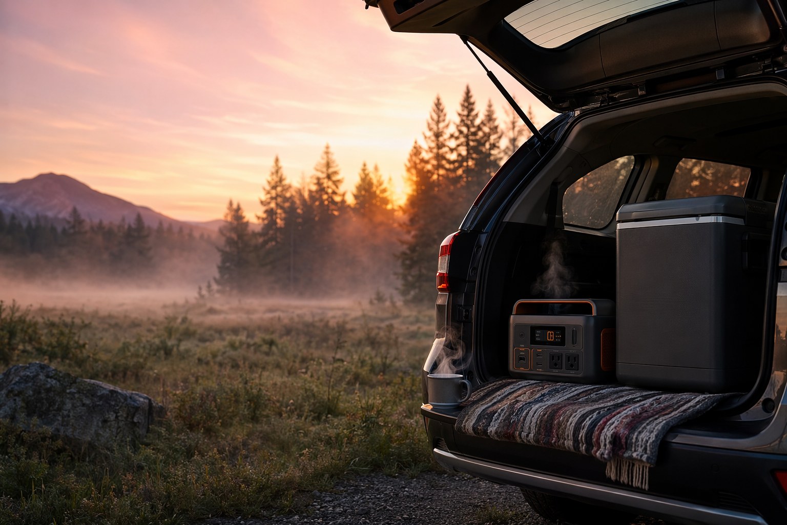 Peaceful campsite at sunrise with a power station and fridge beside an open vehicle tailgate, steam rising from a camp mug